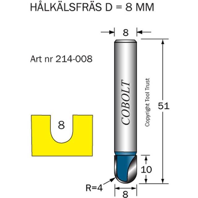 Cobolt Hålkälsfräs R=4 D=8 L=10 TL=51 S=8