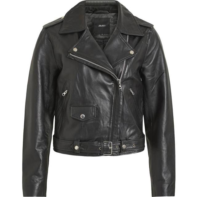 Object Nandita Biker Look Leather Jacket, Black